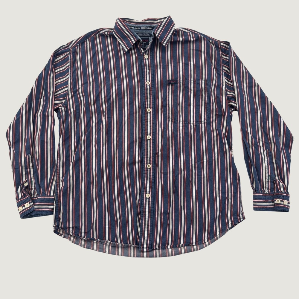 Tommy Jeans Shirt Men's Large Blue Red Stripe Cotton Long Sleeve Button Front
